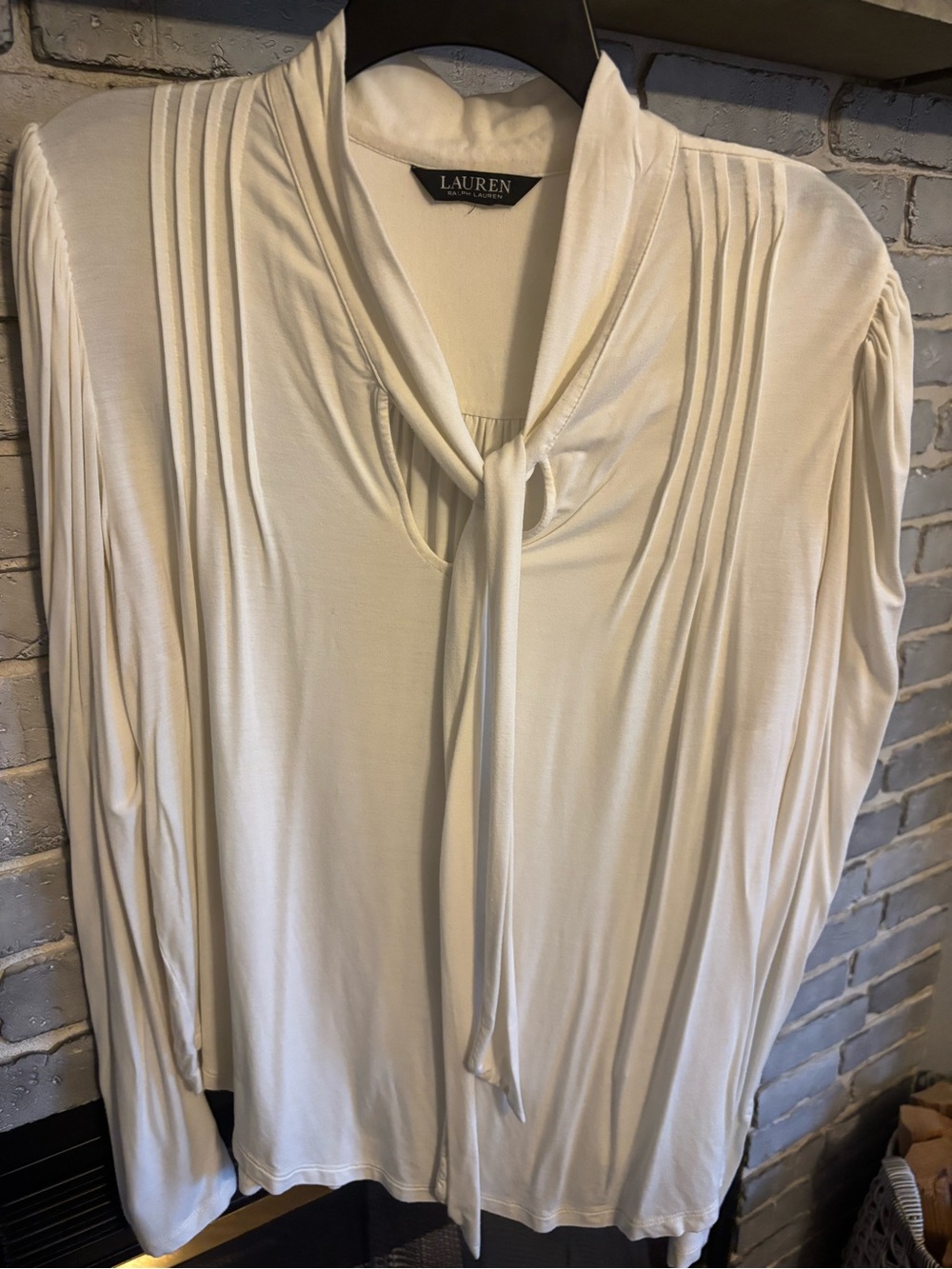 Lauren Ralph Lauren Ivory Tie-Neck Pleated Shoulder Blouse